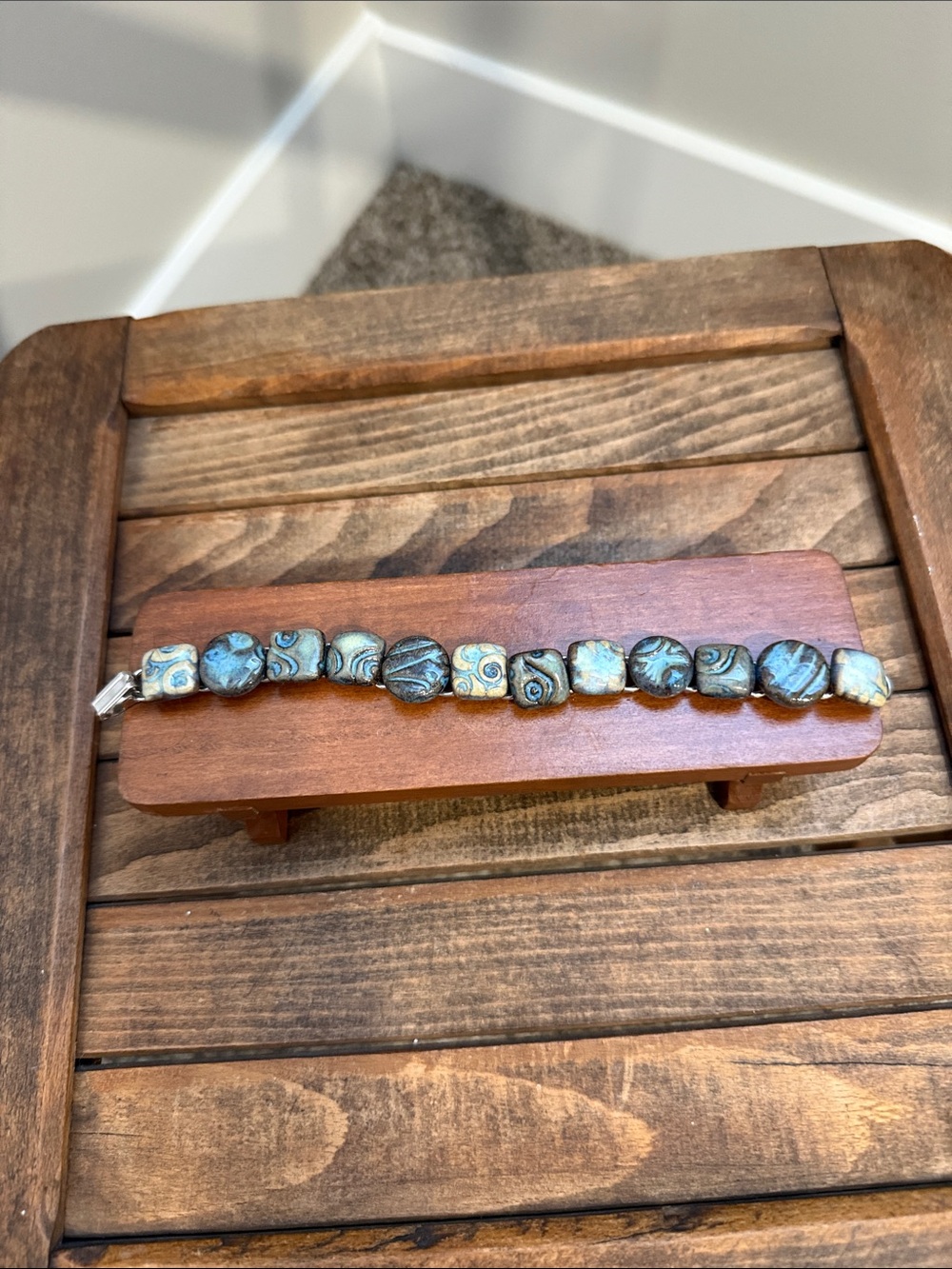 Artisan Blue & Gray Textured Beaded Bracelet  Boho